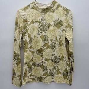 Candace Cameron Bure Shirt Womens XXS Green Ivory Floral Mock Neck Long Sleeve